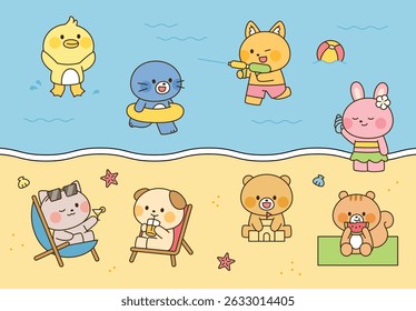 Adorable animals enjoying summer vacation at the beach, swimming, relaxing, and playing.
