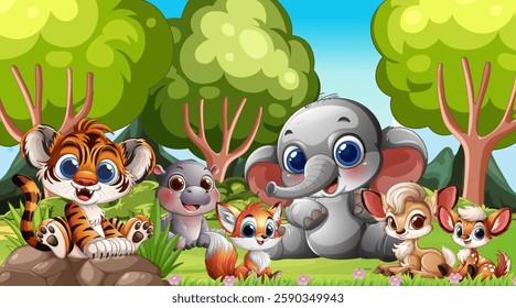 Adorable animals enjoying a sunny forest day