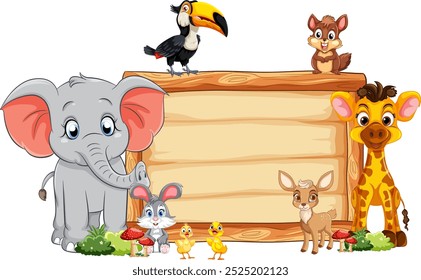 Adorable animals gathered around a wooden sign