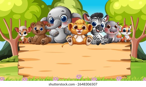 Adorable animals gathered in a lush forest scene