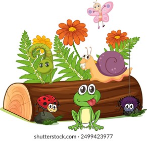 Adorable animals gathered on a log