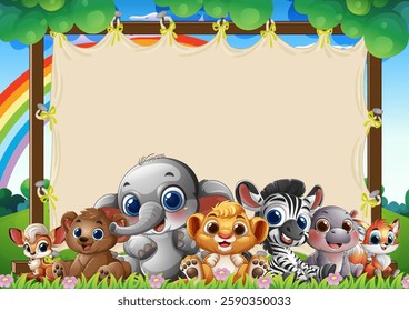 Adorable animals gathered under a rainbow and trees