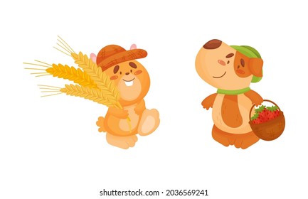 Adorable animals harvesting set. Cute dog carrying basket full of strawberry, hamster holding bunch of wheat grains cartoon vector illustration