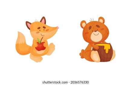 Adorable animals harvesting set. Cute fox holding ripe apple, bear carrying wooden barrel of honey cartoon vector illustratio