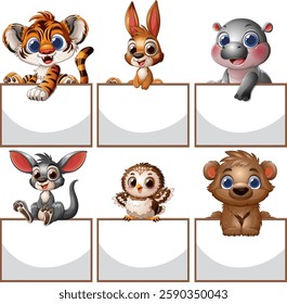 Adorable animals holding blank signs for messages
