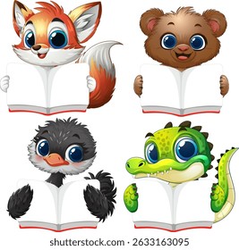 Adorable animals holding open books, enjoying reading