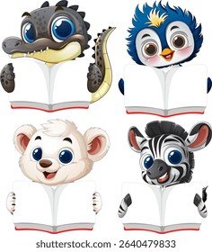 Adorable animals holding open books, enjoying reading