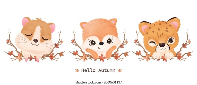 Adorable animals illustration for autumn decoration
