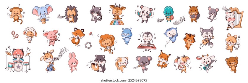 Adorables animales con instrumentos de color plano estilo de Vector conjunto. Colección de músicos kawaii durante la actuación animada sobre fondo blanco