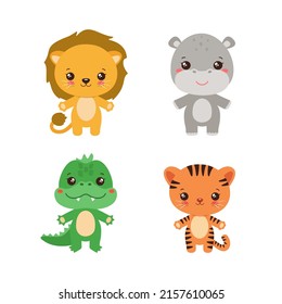 Adorable animals kawaii style. Cute koala. Baby panda bear. Funny monkey. Sweet leopard or cheetah. Funny safari animals. Flat design vector illustration for children projects.