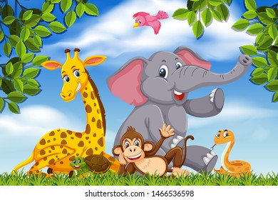 Adorable animals in nature scene illustration