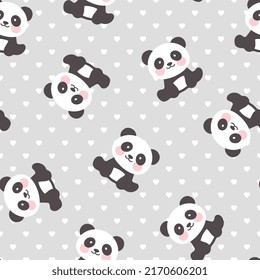 Adorable animals panda sitting on a grey background with kawaii hearts, kids seamless pattern design for wrapping paper, fabric and textile