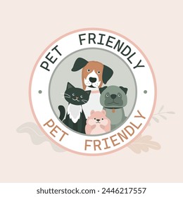 Adorable animals, pets friendly icon, sticker or circle label. Sign symbol of pets allowed and accepted. Cute domestic animals and poster with text. flat vector illustration