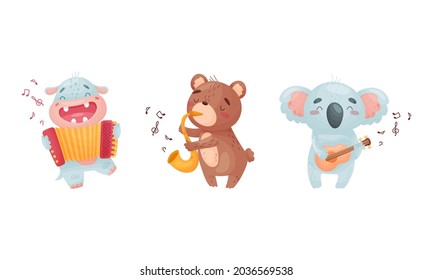 Adorable animals playing musical instruments set. Cute hippo, bear, koala playing accordion, trumpet, guitar cartoon vector illustration