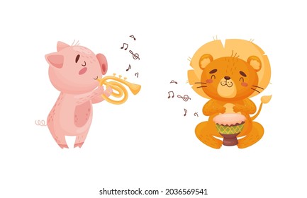 Adorable animals playing musical instruments set. Cute piglet, lion playing trumpet, drum cartoon vector illustration