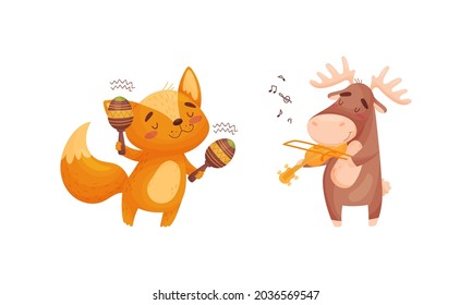 Adorable animals playing musical instruments set. Cute fox, deer playing maracas, guitar cartoon vector illustration