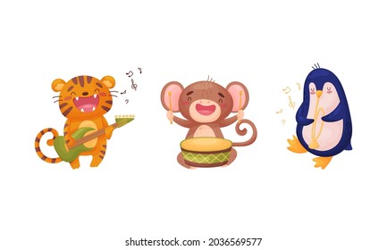 Adorable animals playing musical instruments set. Cute tiger, monkey, penguin playing guitar, drum, trumpet cartoon vector illustration