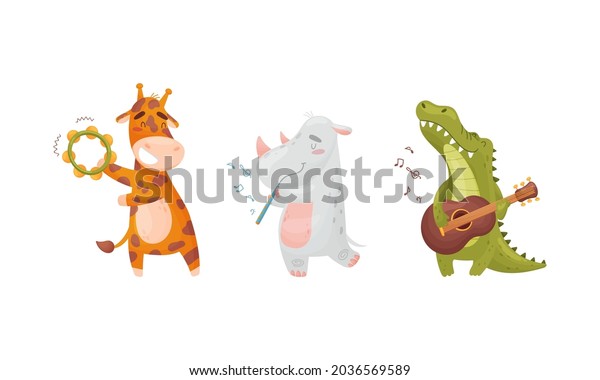 Adorable animals playing musical instruments\
set. Cute giraffe, rhino, crocodile playing tambourine, flute,\
guitar cartoon vector\
illustration