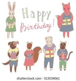 Adorable animals with presents. Birthday party vector set.