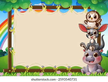 Adorable animals with a rainbow and blank frame