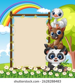 Adorable animals with a rainbow and blank sign
