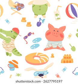 Adorable animals seamless pattern. Pig, rabbit, croco in swimsuits relaxing on the beach. Vector hand drawn illustration in simple hand drawn style.
