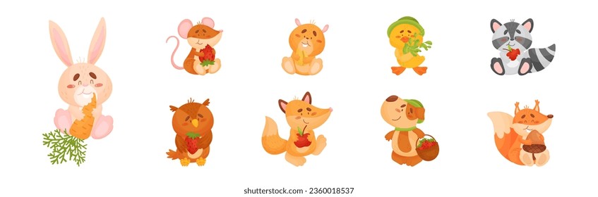 Adorable Animals and Seasonal Harvesting or Ripe Crop Vector Set