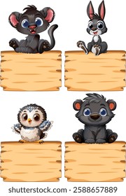 Adorable animals sitting on blank wooden signs