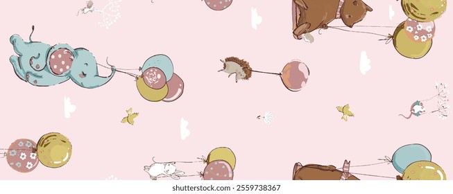 Adorable Animals Soar with Balloons on a Pastel Pink Background