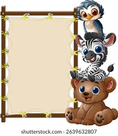 Adorable animals stacked beside a blank wooden sign