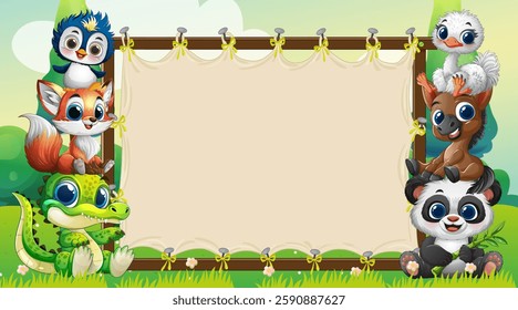 Adorable animals surrounding a blank wooden sign