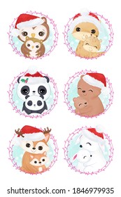 Adorable animals in watercolor style for christmas greeting card. Christmas background illustration.
