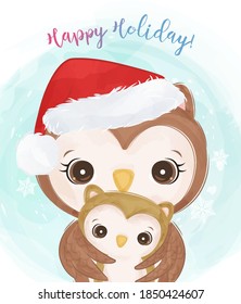 Adorable animals in watercolor style for christmas greeting card. Christmas background illustration.