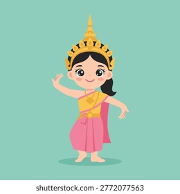 Adorable animated character depicting a young girl gracefully dancing in traditional Thai clothing and golden headdress