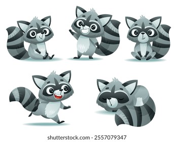 Adorable animated raccoons showcasing a variety of playful poses and charming expressions in vibrant colors