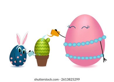 Adorable Anthropomorphic 3D characters Happy family Easter eggs with bunny ears and blue pearls together watering a green patterned egg-shaped cactus in a pot from a watering can. Vector drawing.