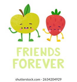 Adorable apple and strawberry friends poster. Doodle fruit characters banner.