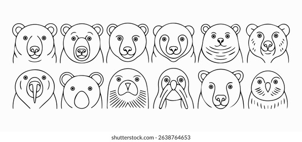 Adorable Arctic Animal Portraits Line Art Design for Kids Books, Websites, or Prints