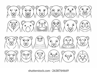 Adorable Arctic Animal Portraits Line Art Drawings Set for Kids Design Projects