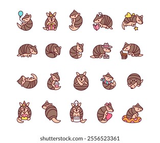 Adorable armadillo animal set featuring kawaii cartoon characters holding heart, celebrating birthday, reading book, eating snack, drinking, and showing charming poses