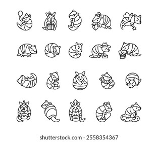 Adorable armadillo animal set featuring kawaii cartoon characters holding heart, celebrating birthday, reading book, eating snack, drinking, and showing charming poses