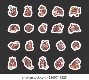 Adorable armadillo animal set featuring kawaii cartoon characters holding heart, celebrating birthday, reading book, eating snack, drinking, and showing charming poses