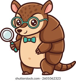 Adorable Armadillo with Glasses and Bowtie Holding a Magnifying Glass in Cartoon