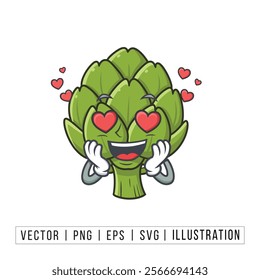 Adorable Artichoke Cartoon Emoji with Heart Eyes - Vector Illustration