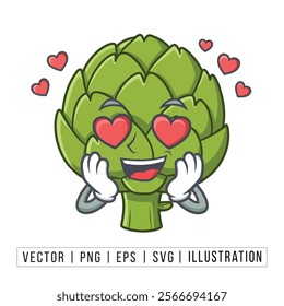 Adorable Artichoke Cartoon Emoji with Heart Eyes - Vector Illustration