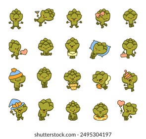 Adorable artichoke character. Cartoon vegetable with a cheerful face. Hand drawn style. Vector drawing. Collection of design elements.