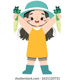 Adorable asian girl hold radish in both hands in farmland in harvest moon