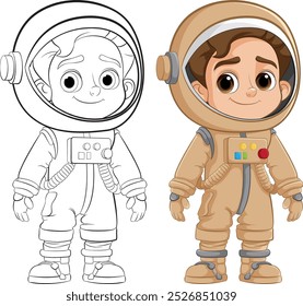 Adorable astronaut in color and outline versions