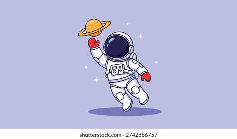 An adorable astronaut in a spacesuit is depicted floating in the vastness of space, playfully holding the planet Saturn.