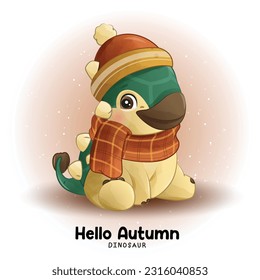 Adorable Autumn Dinosaurs with watercolor illustration